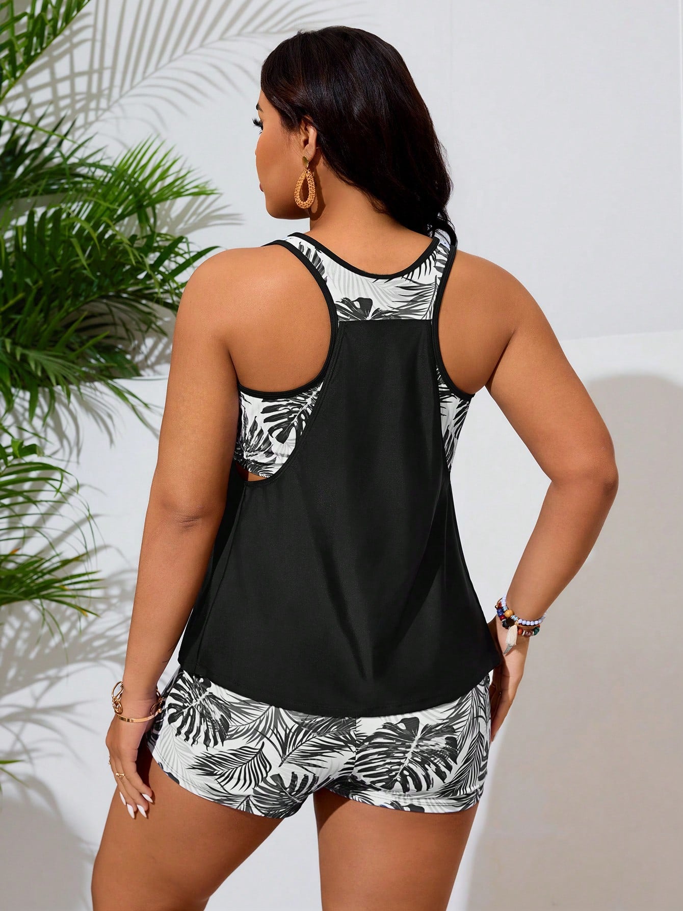 Swim Lushoire Summer Beach Plus Size Tropical Print Ruched Tankini