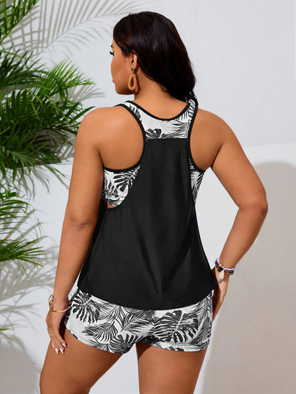 Swim Lushoire Summer Beach Plus Size Tropical Print Ruched Tankini