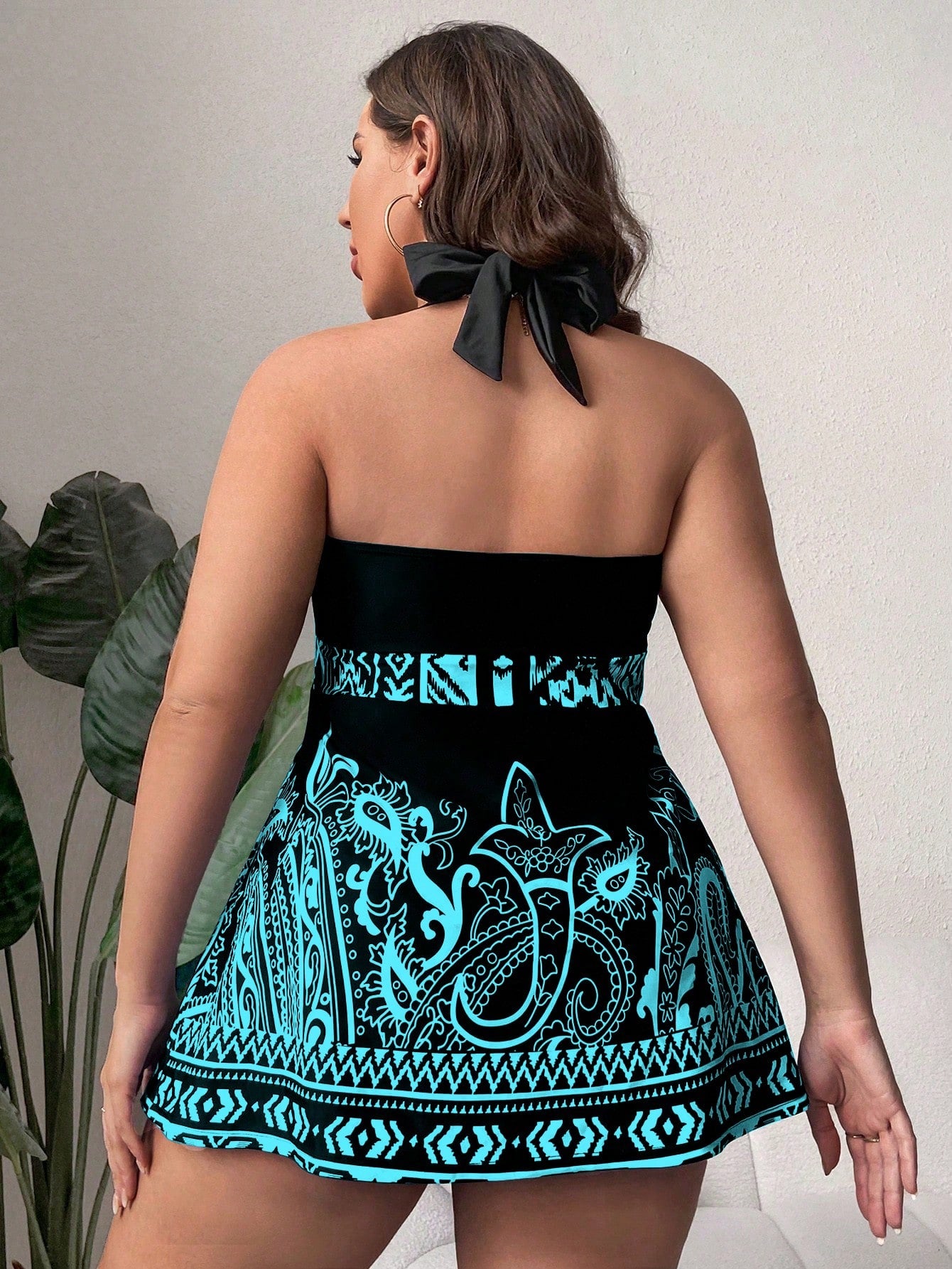 Swim Lushoire Summer Beach Plus Size Women's Plant Printed Sleeveless Swimsuit, Bathing Suit Beach Outfit Vacay Vibe
