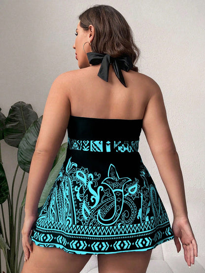 Swim Lushoire Summer Beach Plus Size Women's Plant Printed Sleeveless Swimsuit, Bathing Suit Beach Outfit Vacay Vibe