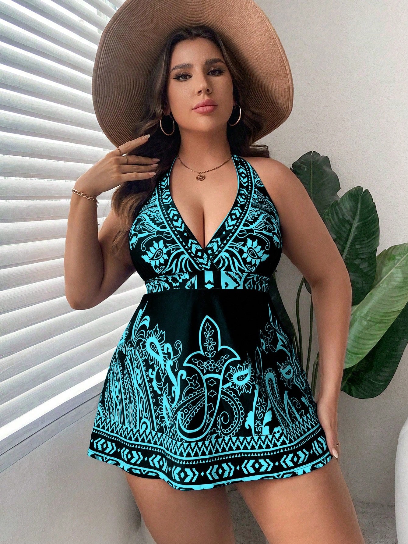 Swim Lushoire Summer Beach Plus Size Women's Plant Printed Sleeveless Swimsuit, Bathing Suit Beach Outfit Vacay Vibe