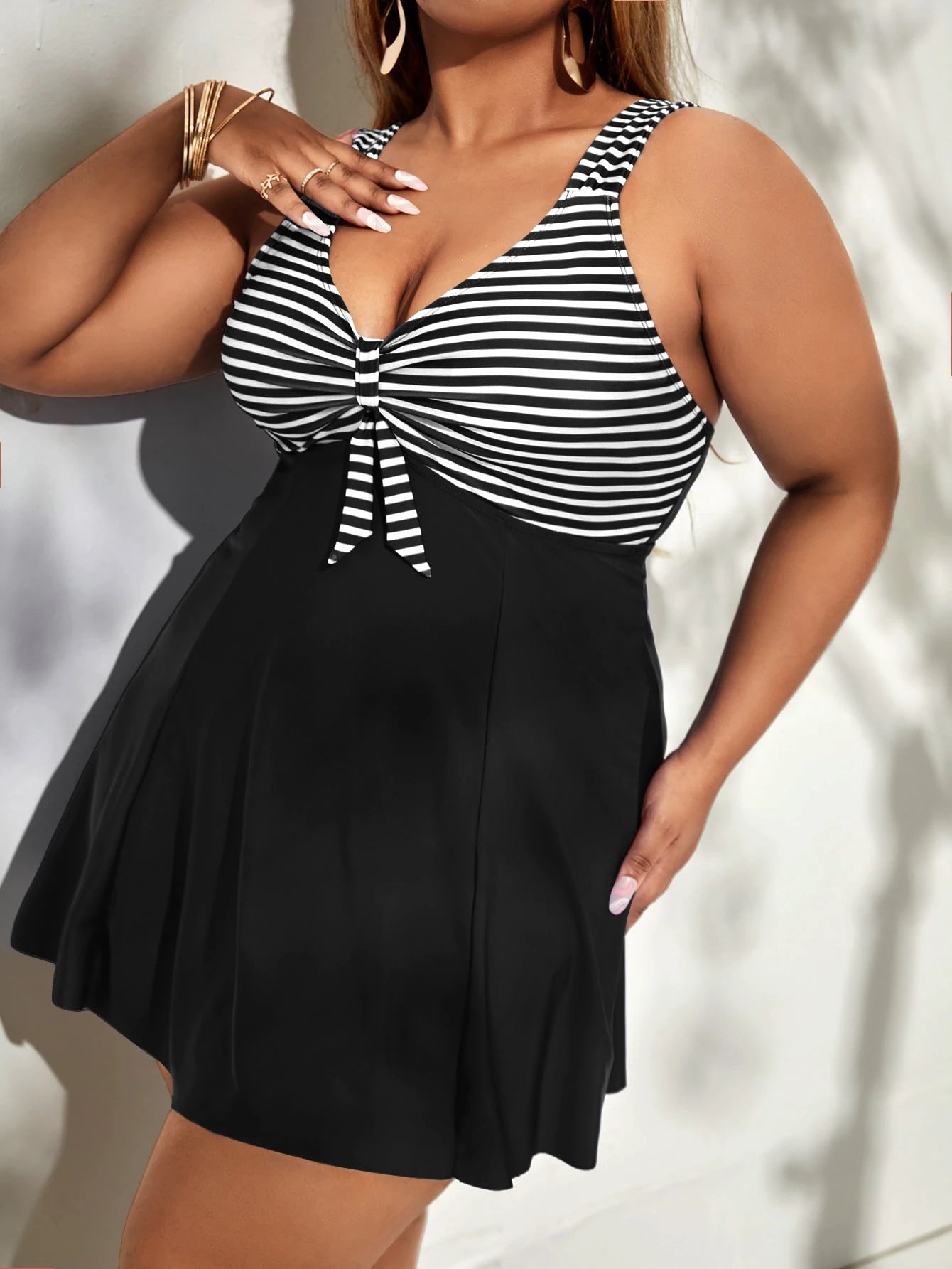 Swim Lushoire Summer Beach Plus Striped Tankini Set Knot Front Swim Dress & Bikini Bottom 2 Piece Swimsuit