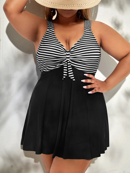Swim Lushoire Summer Beach Plus Striped Tankini Set Knot Front Swim Dress & Bikini Bottom 2 Piece Swimsuit