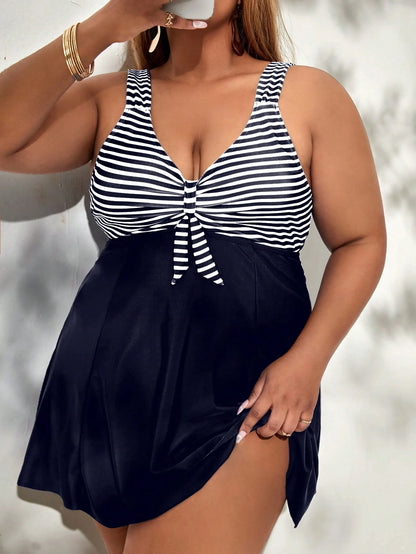 Swim Lushoire Summer Beach Plus Striped Tankini Set Knot Front Swim Dress & Bikini Bottom 2 Piece Swimsuit