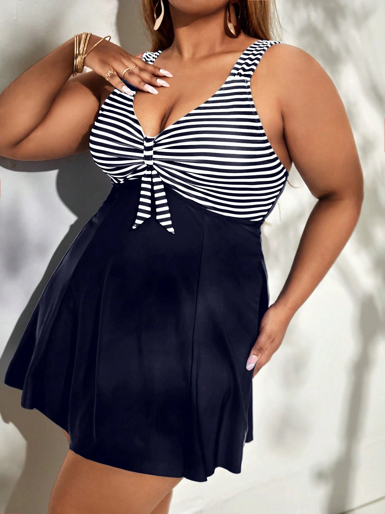 Swim Lushoire Summer Beach Plus Striped Tankini Set Knot Front Swim Dress & Bikini Bottom 2 Piece Swimsuit