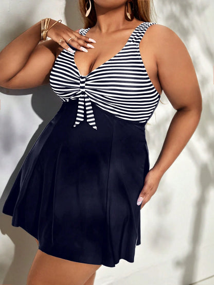 Swim Lushoire Summer Beach Plus Striped Tankini Set Knot Front Swim Dress & Bikini Bottom 2 Piece Swimsuit