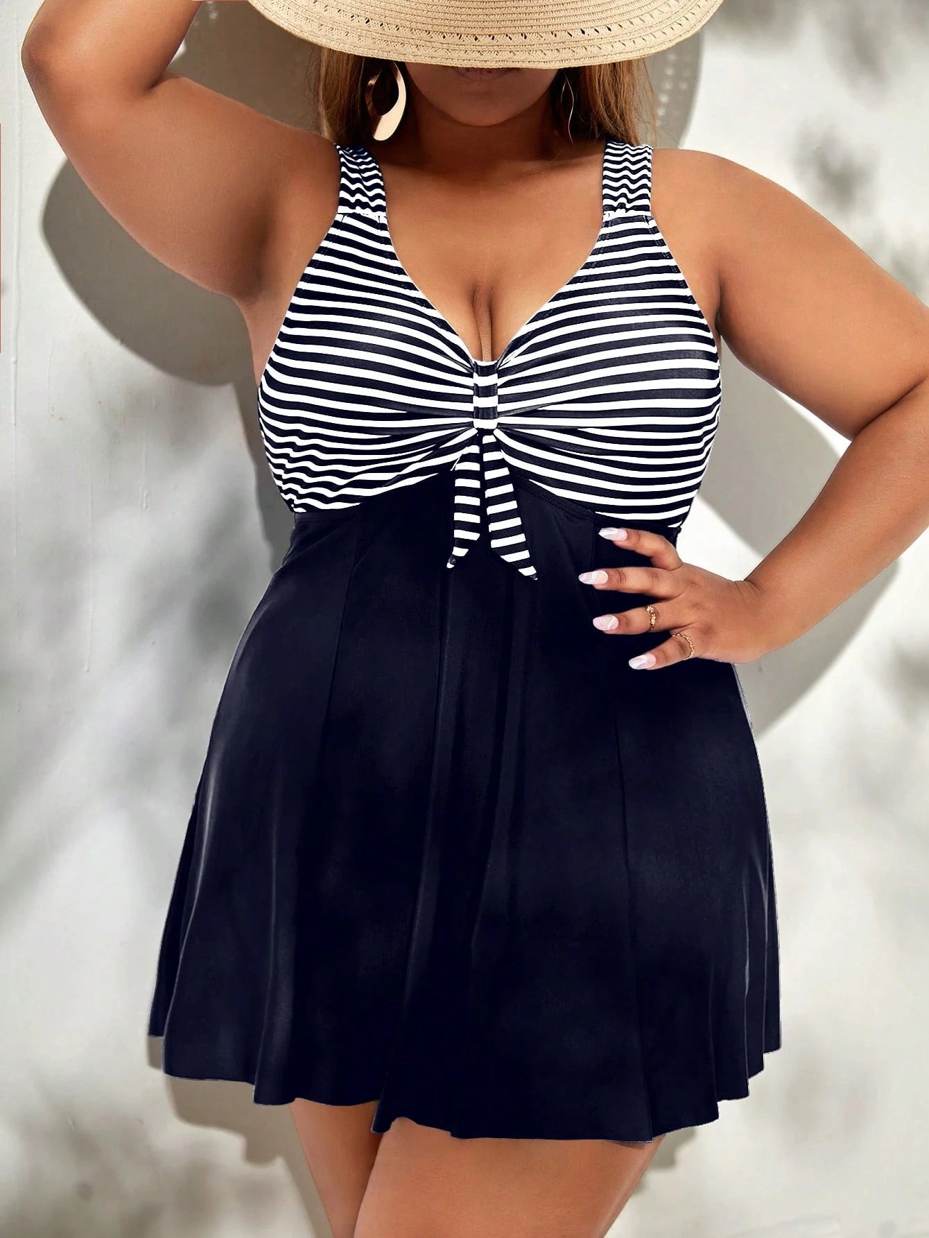 Swim Lushoire Summer Beach Plus Striped Tankini Set Knot Front Swim Dress & Bikini Bottom 2 Piece Swimsuit
