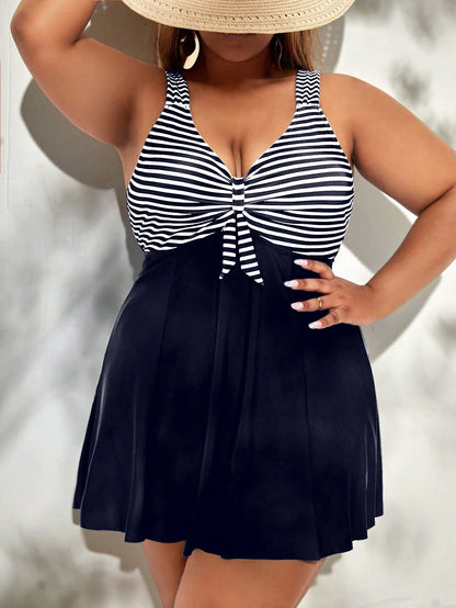 Swim Lushoire Summer Beach Plus Striped Tankini Set Knot Front Swim Dress & Bikini Bottom 2 Piece Swimsuit