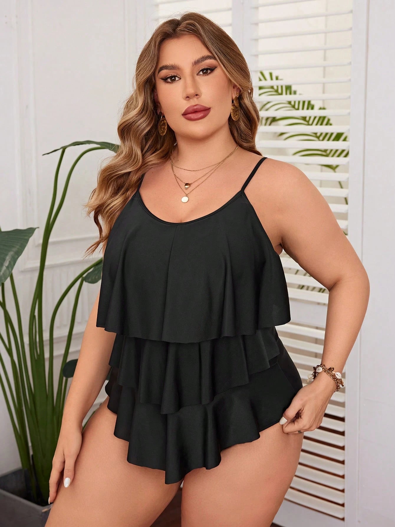Swim Lushoire Summer Beach Plus Tiered Ruffle Hem One Piece Swimsuit