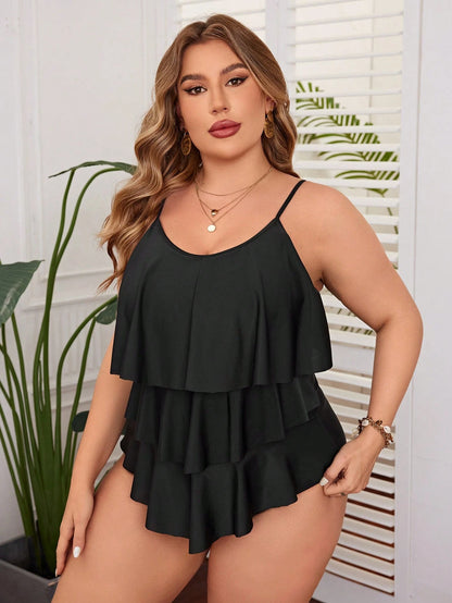 Swim Lushoire Summer Beach Plus Tiered Ruffle Hem One Piece Swimsuit