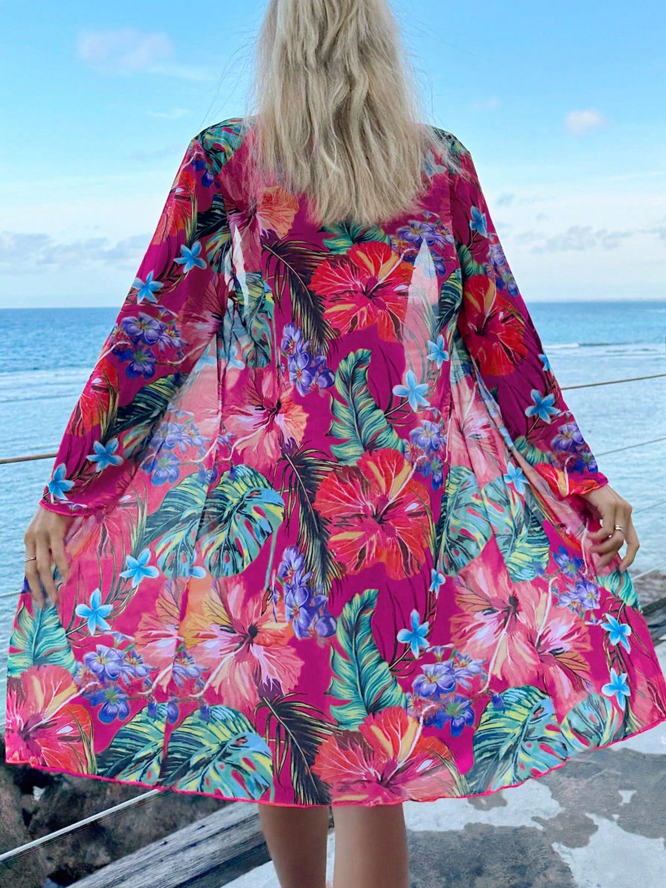 Swim Lushoire Tropical Print Push Up Bikini Set With Kimono,Summer Beach