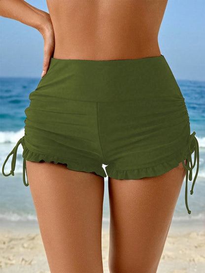 Swim Lushoire Women's Summer Beach Casual Vacation Side Drawstring Ruffle Black Swimwear Bottom