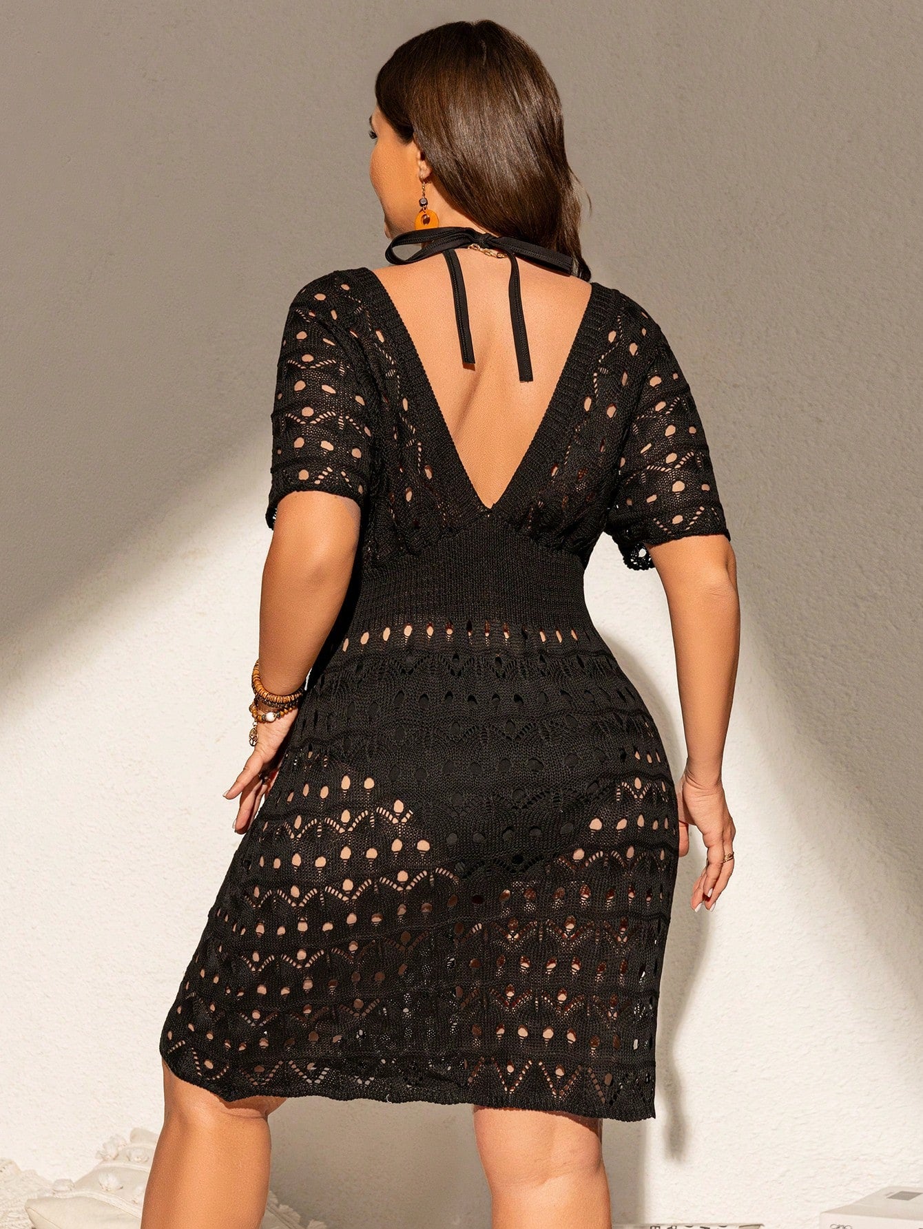 Swim Lushore Plus Size Women's Elegant Vacation New Knit All-Black Hollow Front And Back Deep V-Neck Bikini Cover-Up Swimsuit