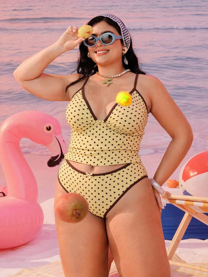 Swim Mod 2026 New Plus Size Women 2-Piece Geometric Print Fashionable Casual Modest Bowknot Adjustable Strap High Waist High Leg Triangle Bikini Swimwear