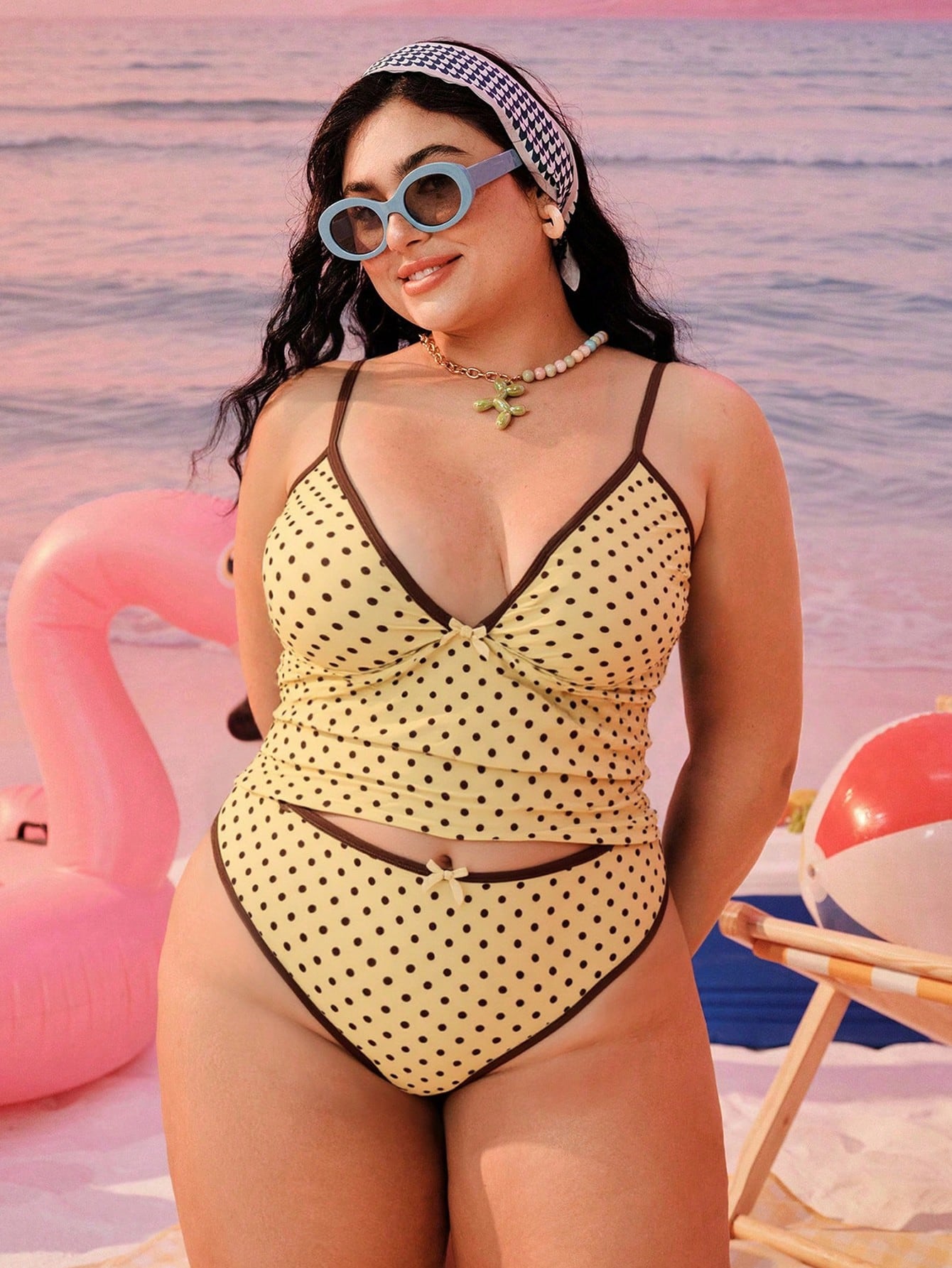 Swim Mod 2026 New Plus Size Women 2-Piece Geometric Print Fashionable Casual Modest Bowknot Adjustable Strap High Waist High Leg Triangle Bikini Swimwear
