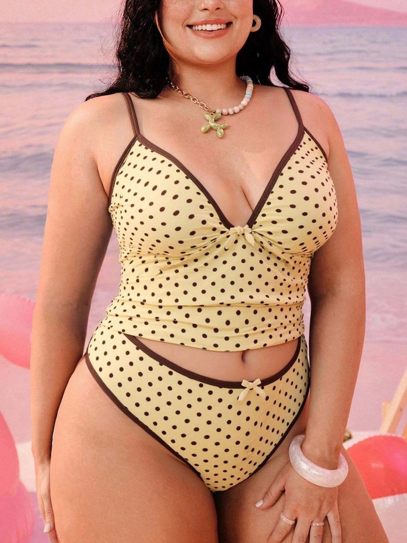 Swim Mod 2026 New Plus Size Women 2-Piece Geometric Print Fashionable Casual Modest Bowknot Adjustable Strap High Waist High Leg Triangle Bikini Swimwear