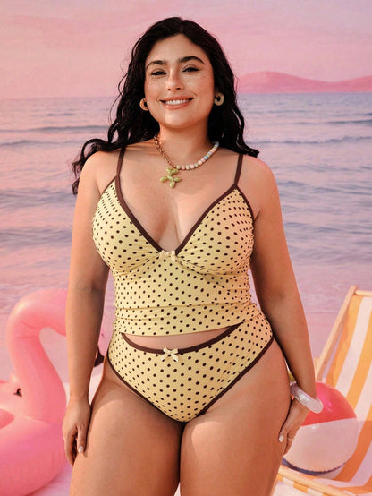 Swim Mod 2026 New Plus Size Women 2-Piece Geometric Print Fashionable Casual Modest Bowknot Adjustable Strap High Waist High Leg Triangle Bikini Swimwear
