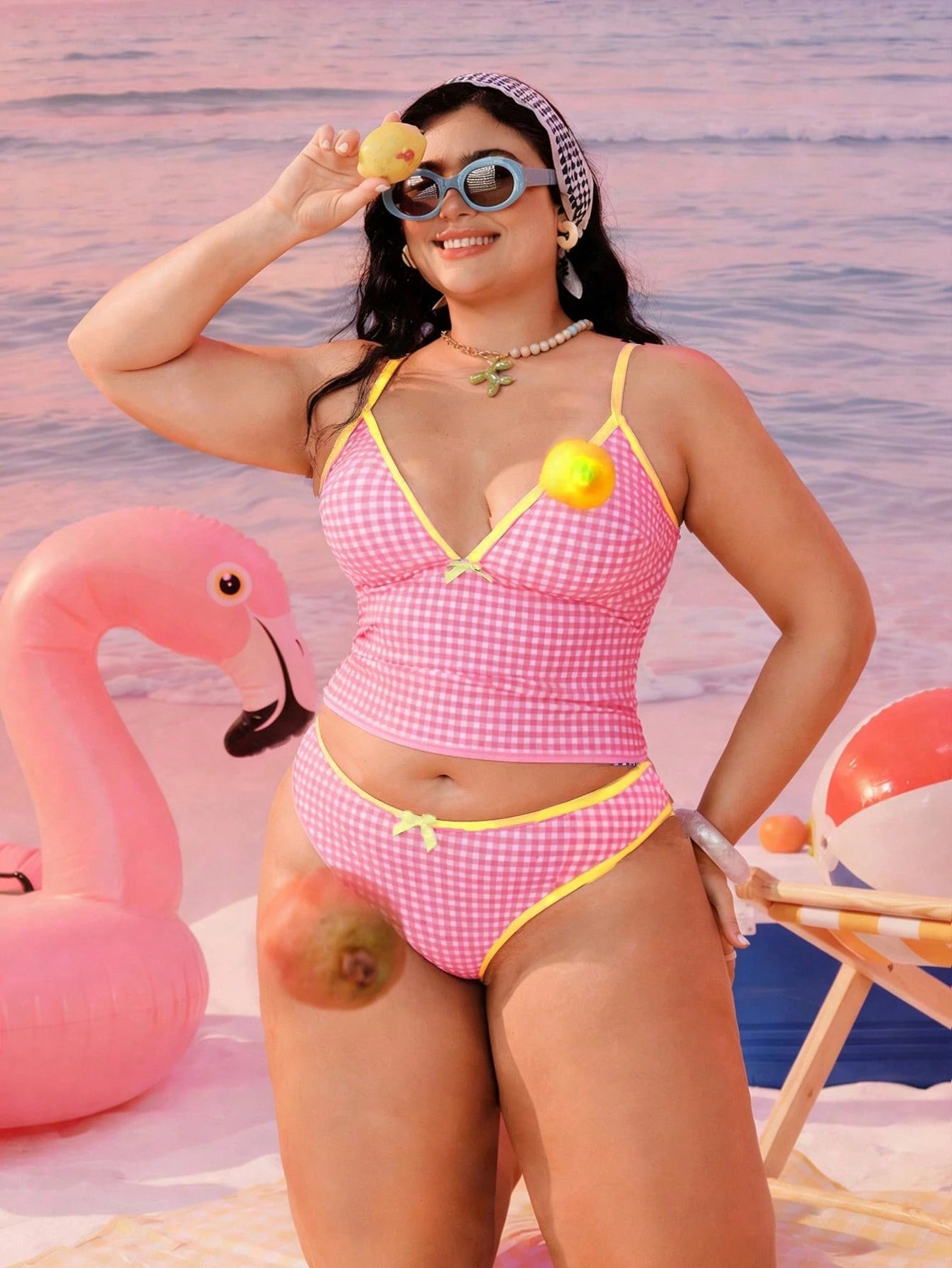 Swim Mod 2026 New Plus Size Women 2-Piece Geometric Print White Summer Beach Vacation Holiday Modest Bow Adjustable Strap High Waist Triangle Bikini