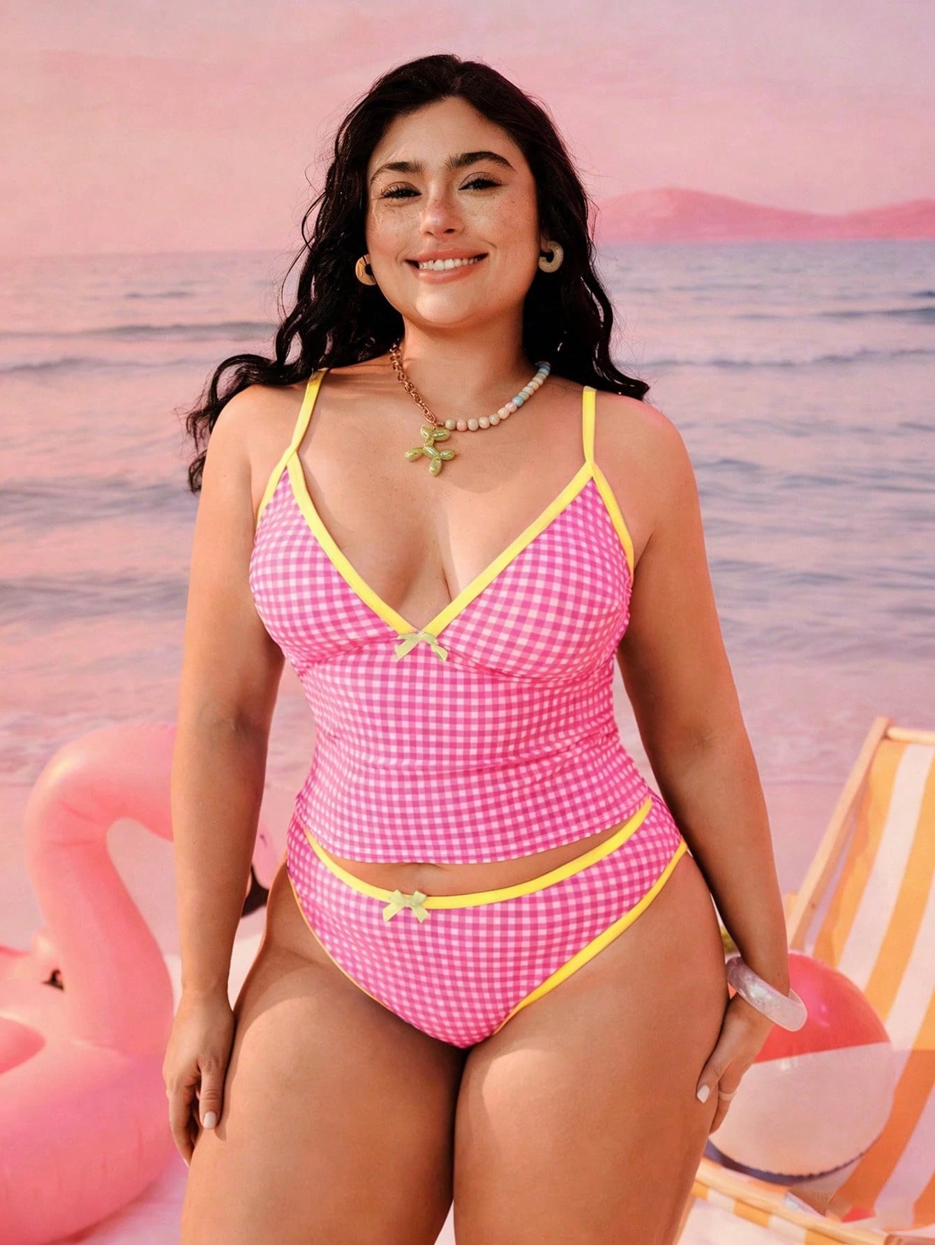 Swim Mod 2026 New Plus Size Women 2-Piece Geometric Print White Summer Beach Vacation Holiday Modest Bow Adjustable Strap High Waist Triangle Bikini