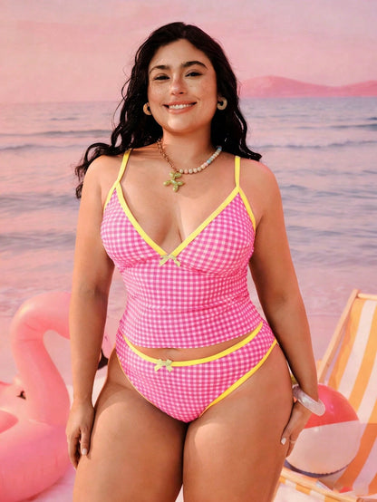 Swim Mod 2026 New Plus Size Women 2-Piece Geometric Print White Summer Beach Vacation Holiday Modest Bow Adjustable Strap High Waist Triangle Bikini