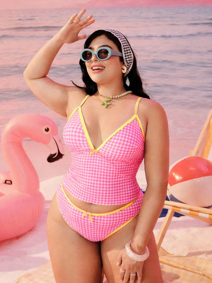 Swim Mod 2026 New Plus Size Women 2-Piece Geometric Print White Summer Beach Vacation Holiday Modest Bow Adjustable Strap High Waist Triangle Bikini