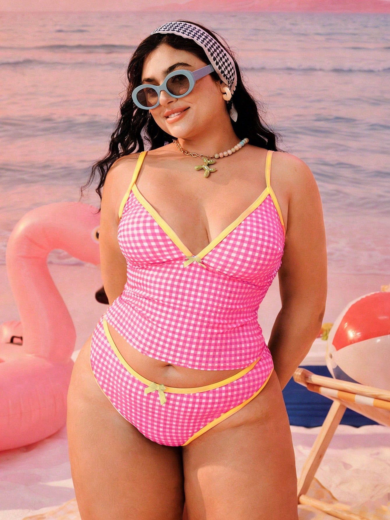 Swim Mod 2026 New Plus Size Women 2-Piece Geometric Print White Summer Beach Vacation Holiday Modest Bow Adjustable Strap High Waist Triangle Bikini