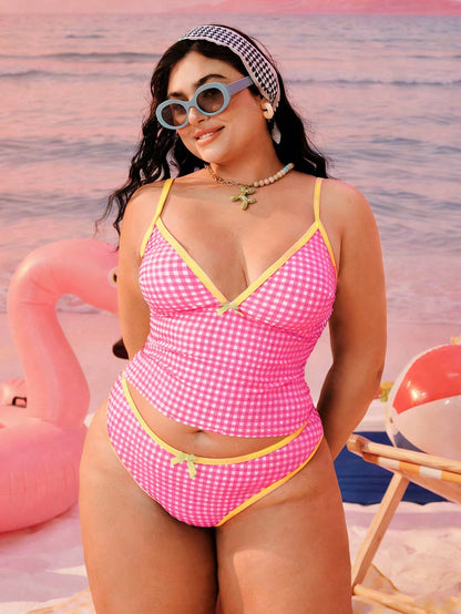 Swim Mod 2026 New Plus Size Women 2-Piece Geometric Print White Summer Beach Vacation Holiday Modest Bow Adjustable Strap High Waist Triangle Bikini