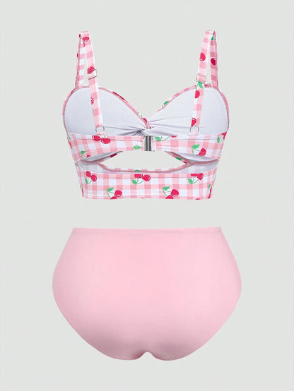 Swim Mod 2026 New Sweet Fruit Plaid Pink Plus Size Women's Bikini Set Beach Summer Flapper 1920s