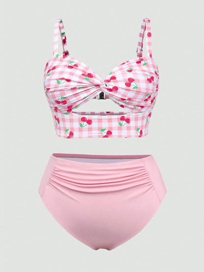 Swim Mod 2026 New Sweet Fruit Plaid Pink Plus Size Women's Bikini Set Beach Summer Flapper 1920s