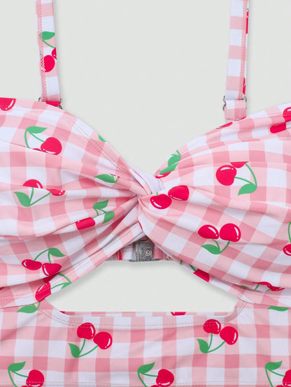 Swim Mod 2026 New Sweet Fruit Plaid Pink Plus Size Women's Bikini Set Beach Summer Flapper 1920s