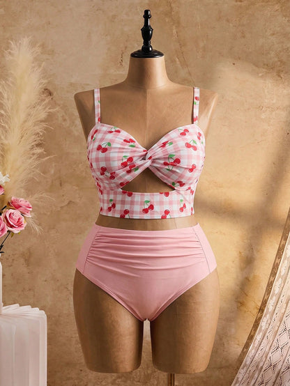 Swim Mod 2026 New Sweet Fruit Plaid Pink Plus Size Women's Bikini Set Beach Summer Flapper 1920s