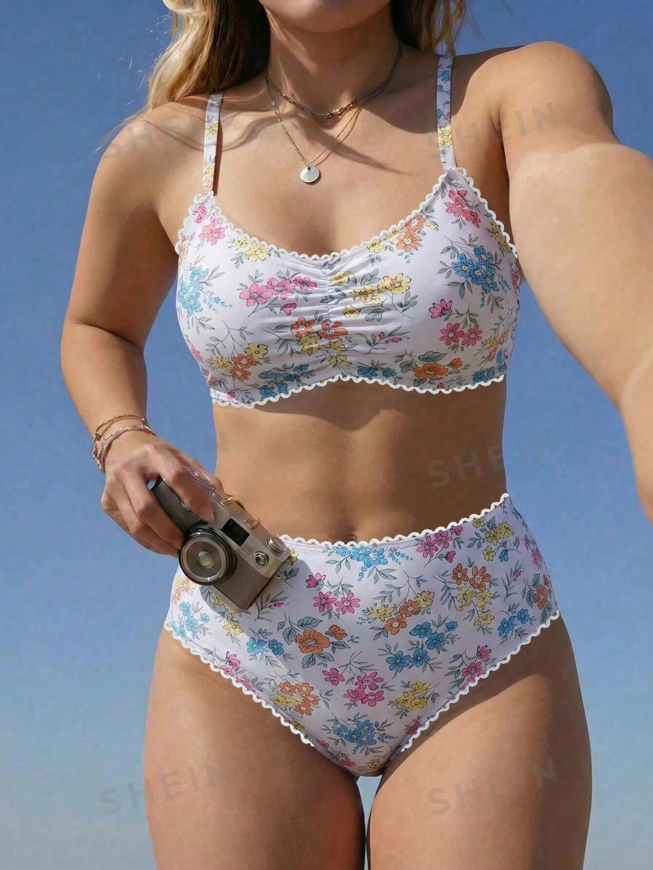Swim Mod 2026 New Women's Spring/Summer Spaghetti Strap Floral Random Print Beach Swimsuit Set Plus Size