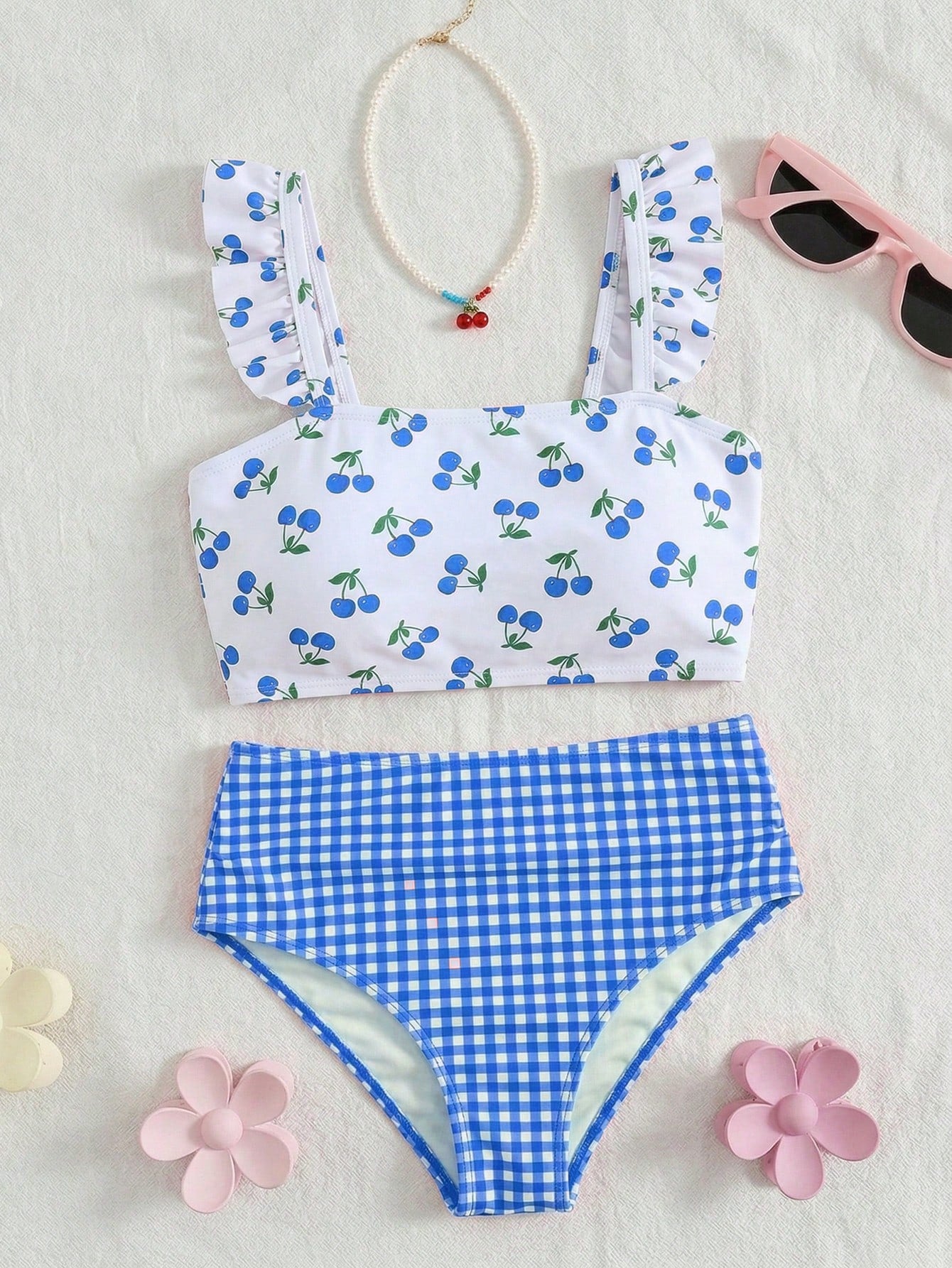 Swim Mod 2pcs Plus Size Women's Cherry Random Print Decor Ruffle Hem Top & Plaid High Waist Shorts Set, Cute Sweet Vacation Casual Everyday Wear