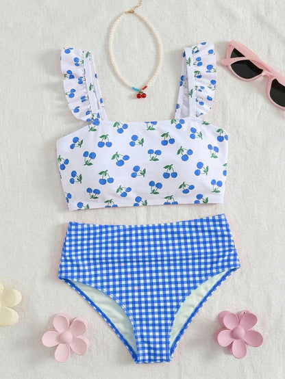 Swim Mod 2pcs Plus Size Women's Cherry Random Print Decor Ruffle Hem Top & Plaid High Waist Shorts Set, Cute Sweet Vacation Casual Everyday Wear