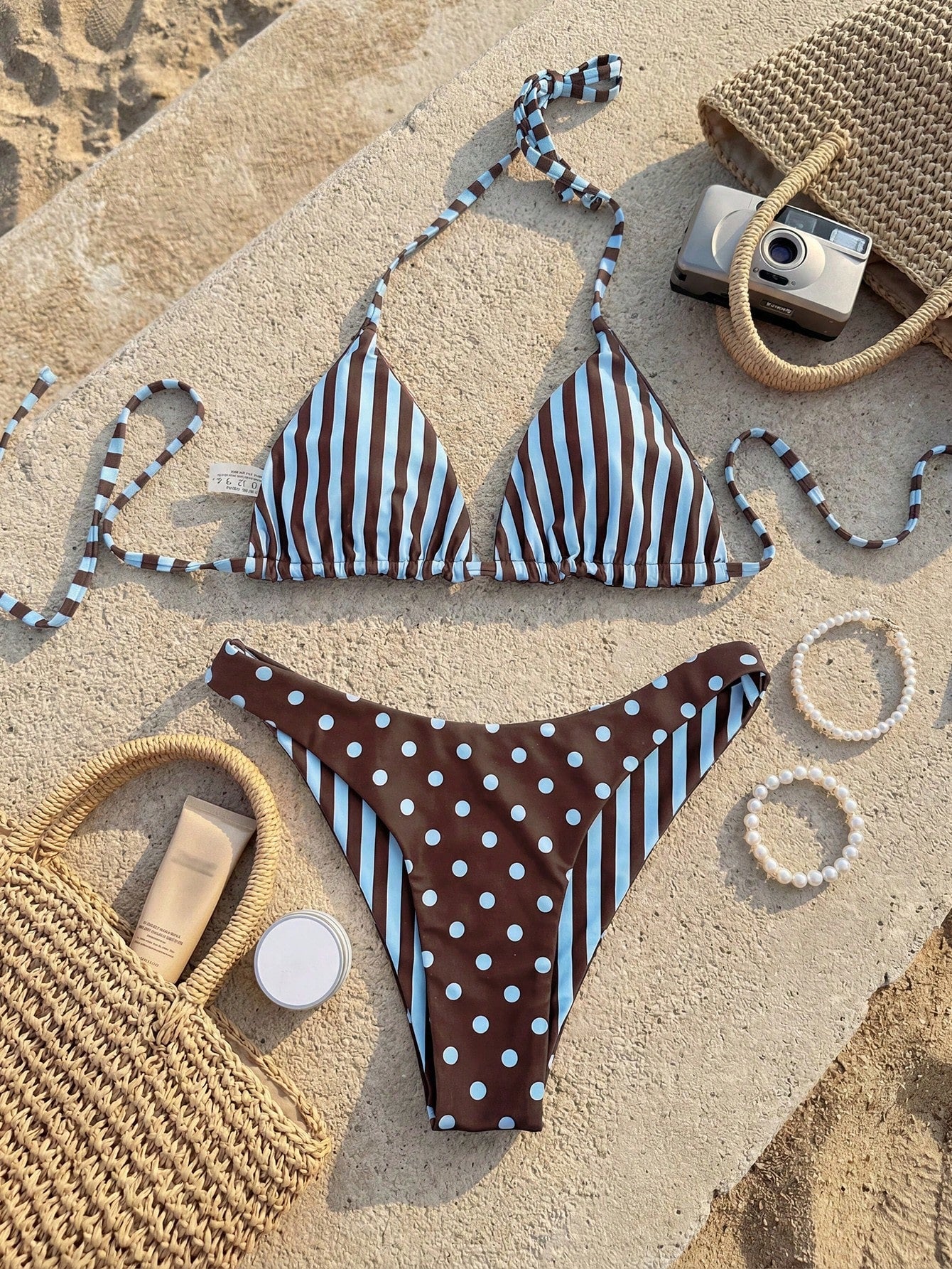 Swim Mod 2pcs/Set Women's Brown And Blue Polka Dot,Summer,70s,Holiday,Party,Holiday Reversible Striped Print Halter Backless Tie-Front Crop Top Bikini Bottoms