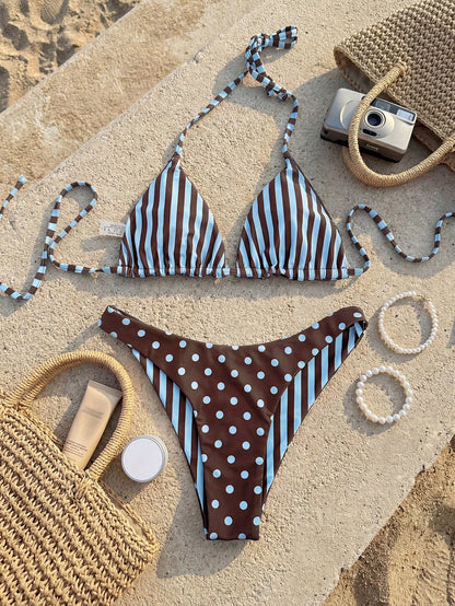 Swim Mod 2pcs/Set Women's Brown And Blue Polka Dot,Summer,70s,Holiday,Party,Holiday Reversible Striped Print Halter Backless Tie-Front Crop Top Bikini Bottoms