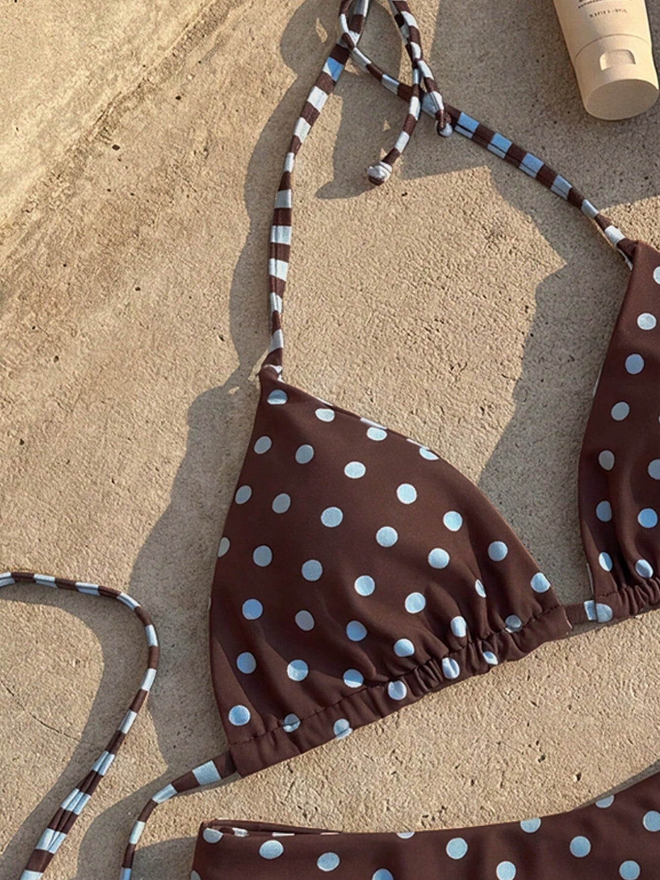 Swim Mod 2pcs/Set Women's Brown And Blue Polka Dot,Summer,70s,Holiday,Party,Holiday Reversible Striped Print Halter Backless Tie-Front Crop Top Bikini Bottoms