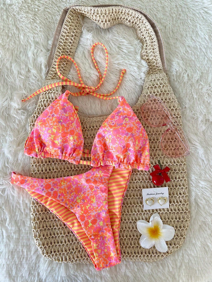 Swim Mod 2pcs/Set Women's Brown And Blue Polka Dot,Summer,70s,Holiday,Party,Holiday Reversible Striped Print Halter Backless Tie-Front Crop Top Bikini Bottoms