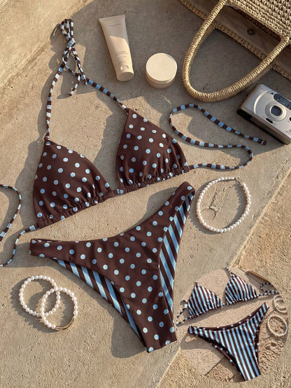 Swim Mod 2pcs/Set Women's Brown And Blue Polka Dot,Summer,70s,Holiday,Party,Holiday Reversible Striped Print Halter Backless Tie-Front Crop Top Bikini Bottoms