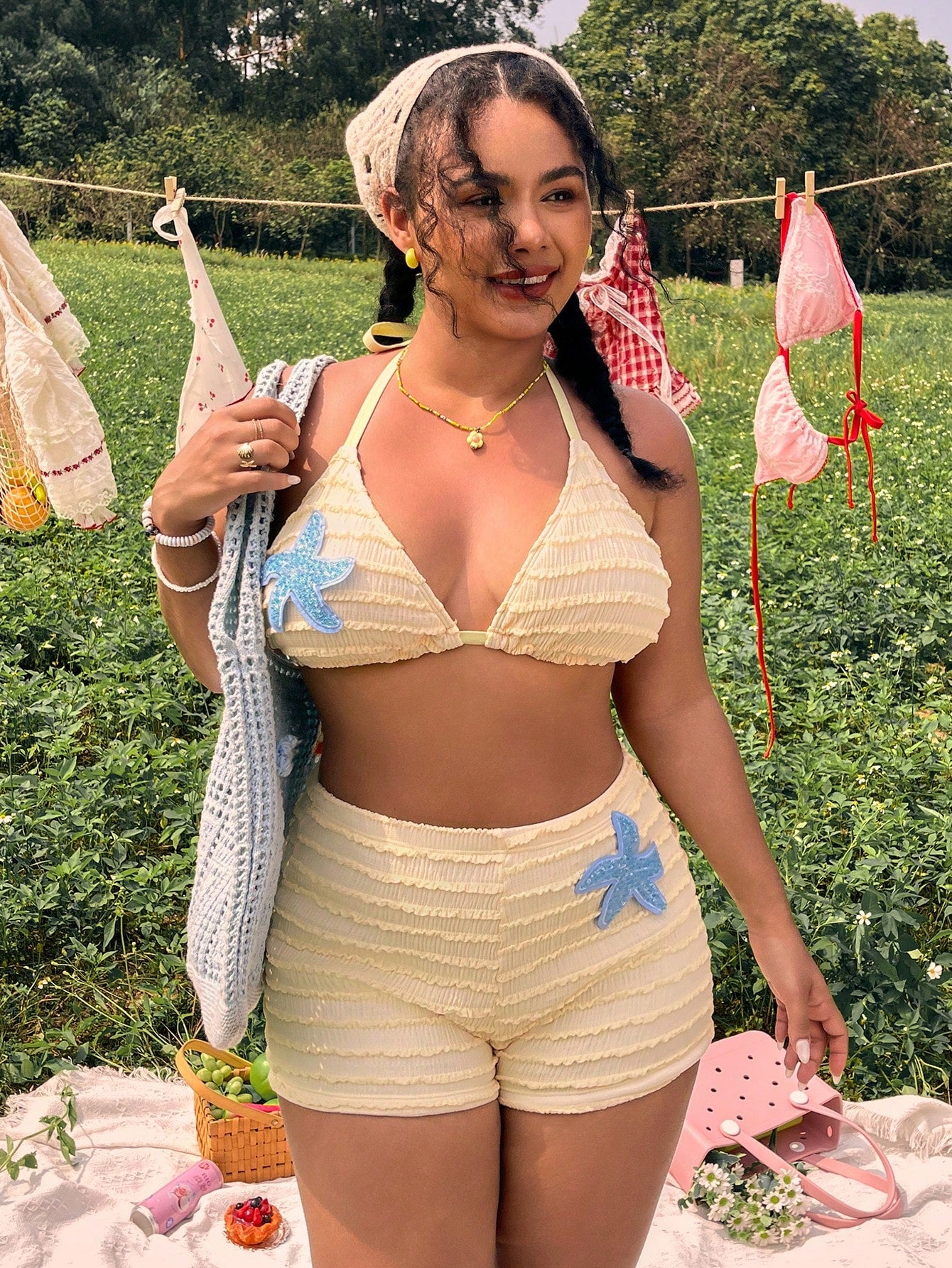 Swim Mod Plus Size 2-Piece Mustard Yellow Textured Starfish Embroidery Camisole Top & Shorts Bikini Set,Light Blue,Summer,Beach,Holiday,Holiday Bikini Set