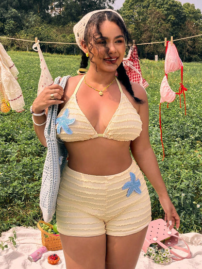 Swim Mod Plus Size 2-Piece Mustard Yellow Textured Starfish Embroidery Camisole Top & Shorts Bikini Set,Light Blue,Summer,Beach,Holiday,Holiday Bikini Set