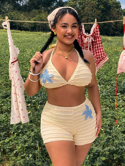 Swim Mod Plus Size 2-Piece Mustard Yellow Textured Starfish Embroidery Camisole Top & Shorts Bikini Set,Light Blue,Summer,Beach,Holiday,Holiday Bikini Set