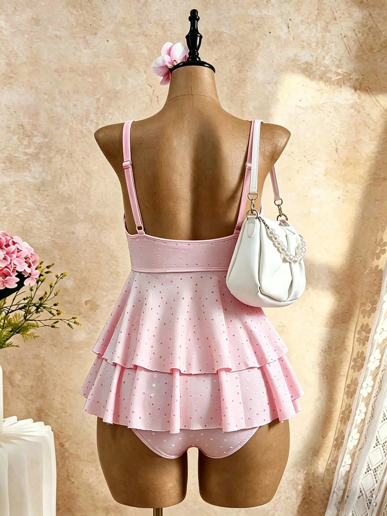 Swim Mod Plus Size 2pcs Solid Color Ruffle Chest Drawstring Wide Strap Drawstring Bottoms Casual Simple Plus Size Swimsuit For Summer Beach Vacation