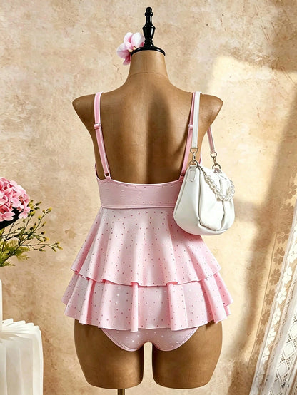 Swim Mod Plus Size 2pcs Solid Color Ruffle Chest Drawstring Wide Strap Drawstring Bottoms Casual Simple Plus Size Swimsuit For Summer Beach Vacation