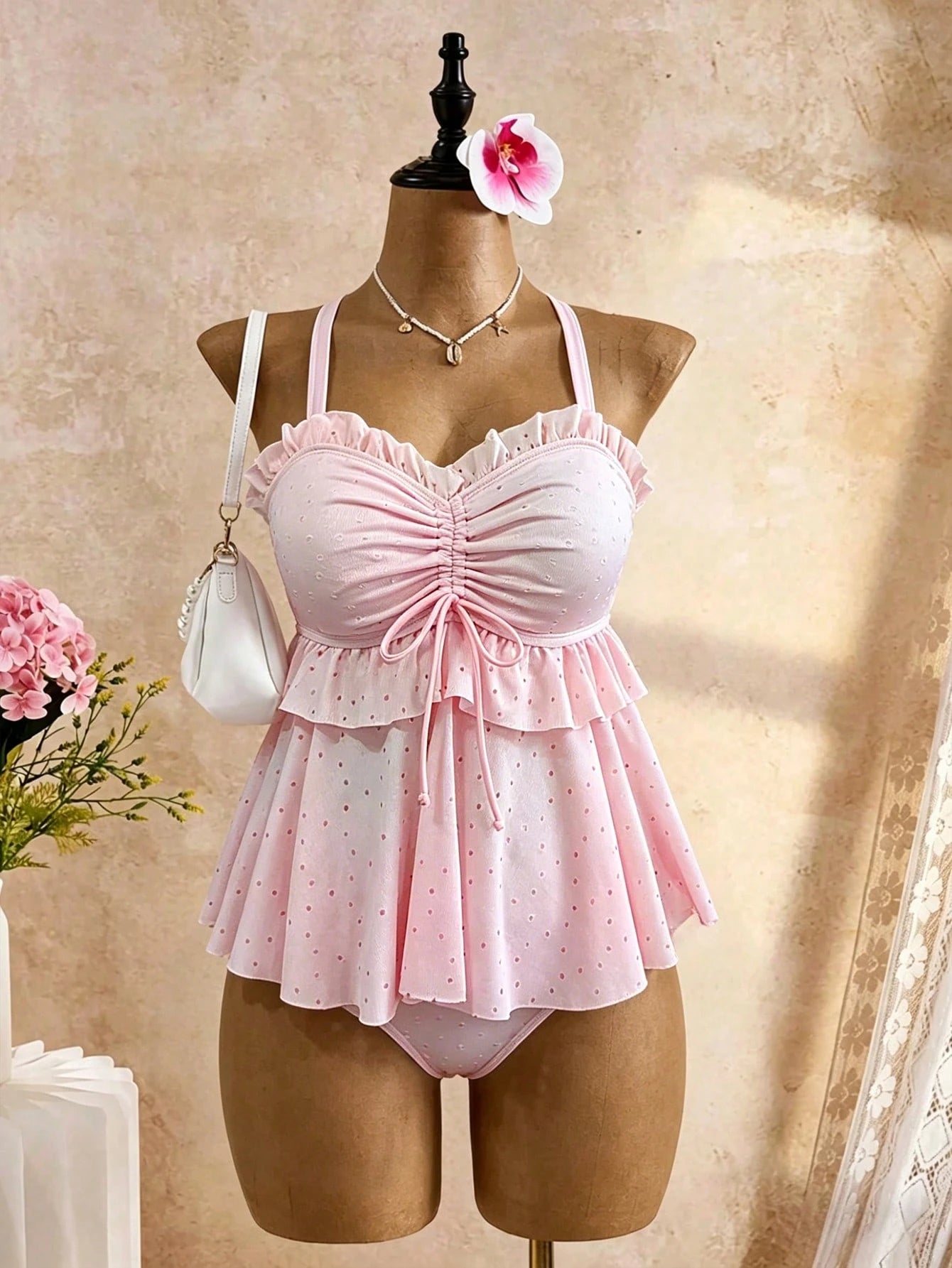 Swim Mod Plus Size 2pcs Solid Color Ruffle Chest Drawstring Wide Strap Drawstring Bottoms Casual Simple Plus Size Swimsuit For Summer Beach Vacation