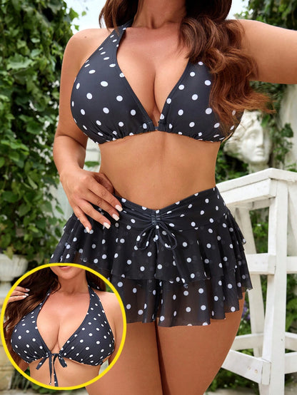 Swim Mod Plus Size Black & White Polka Dot Cute Halter Bikini Set