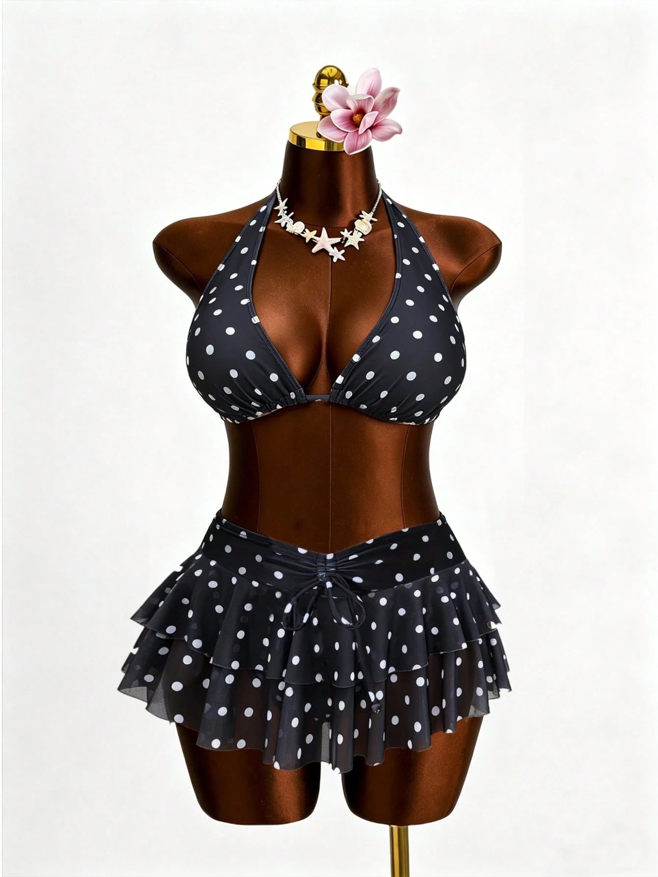 Swim Mod Plus Size Black & White Polka Dot Cute Halter Bikini Set