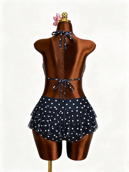 Swim Mod Plus Size Black & White Polka Dot Cute Halter Bikini Set