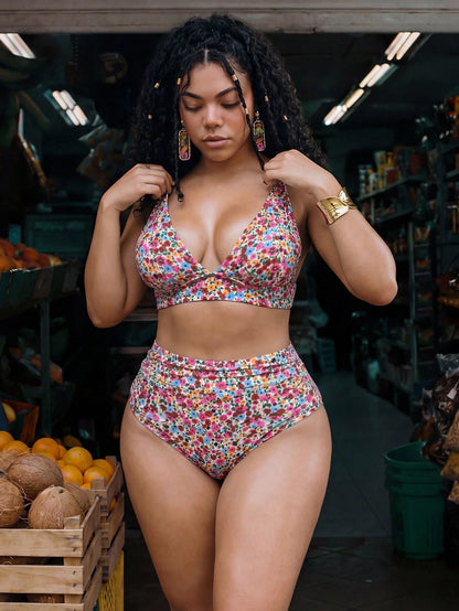 Swim Mod Plus Size Women 2-Piece Random Print Casual Swimsuit Set