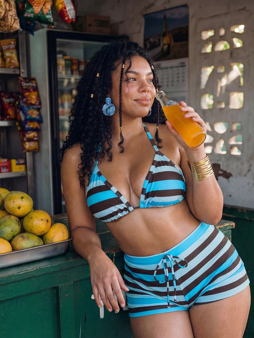 Swim Mod Plus Size Women Casual Striped Halter Bikini Set Beach Party Outfit For Women Women's Beach Outfits Pool Outfits For Woman Outfits Women